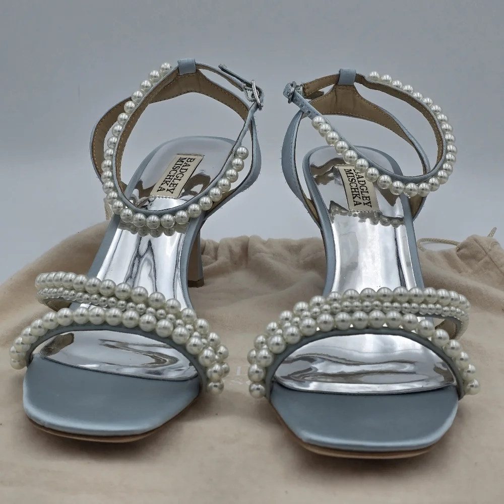 Badgley Mischka Flame Pearl Kitten Heel Sandals, Mist Blue Satin, Women's Sz 9.5 - Picture 5 of 16